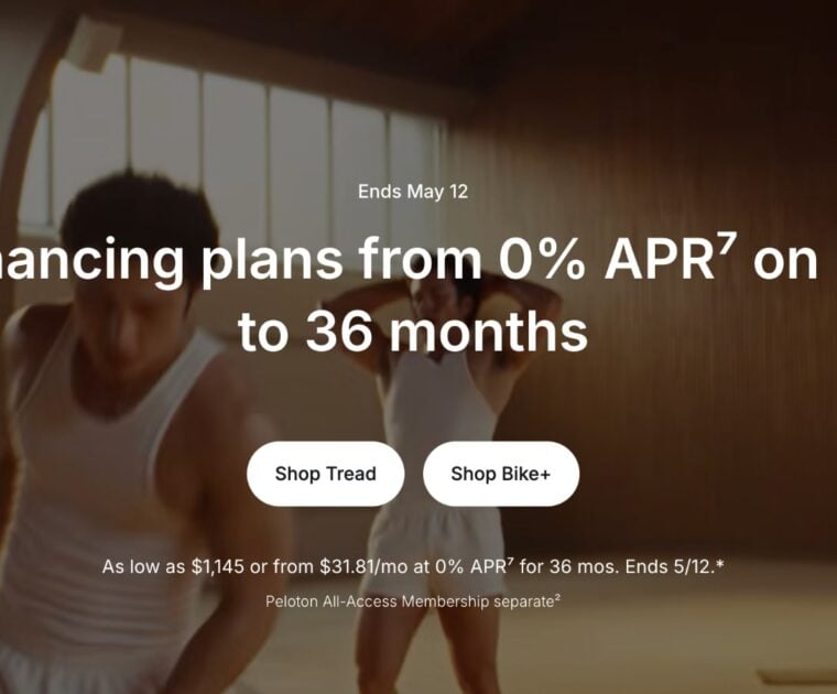 Peloton website advertising the 0% financing promotion.