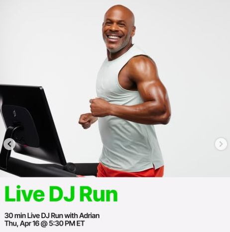 Adrian has a 30 minute Live DJ Run this week. Image credit Peloton social media.