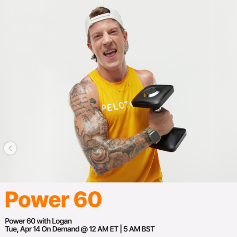 A new Power 60 full body strength with Logan drops on demand this week. Image credit Peloton social media.