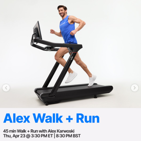 Alex K. has a live 45 minute Walk + Run this week. Image credit Peloton social media.