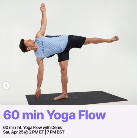 Denis has a live 60 minute Yoga Flow this week. Image credit Peloton social media.