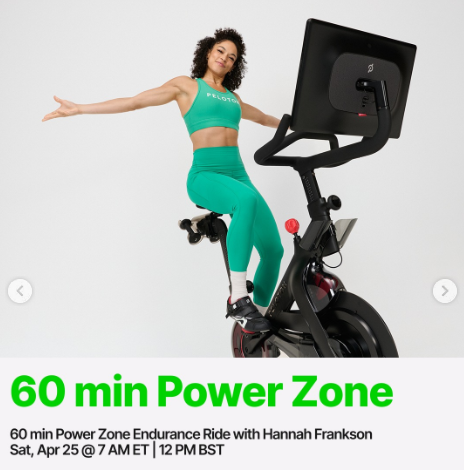 Hannah Frankson has a live 60 minute Power Zone Endurance Ride this week. Image credit Peloton social media.