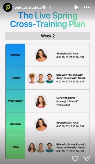 Week 2 schedule of Peloton's Spring Cross Training program