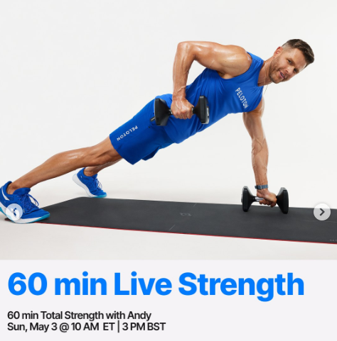 Andy has a live 60 minute Total Strength this week. Image credit Peloton social media.
