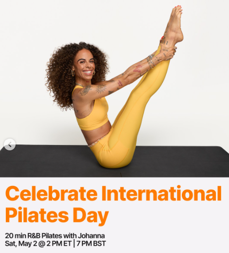 Johanna has a live 20 minute R&B Pilates on International Pilates Day. Image credit Peloton social media.
