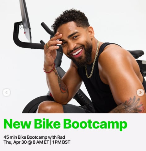 Rad has a live 45 minute Bike Bootcamp this week. Image credit Peloton social media.