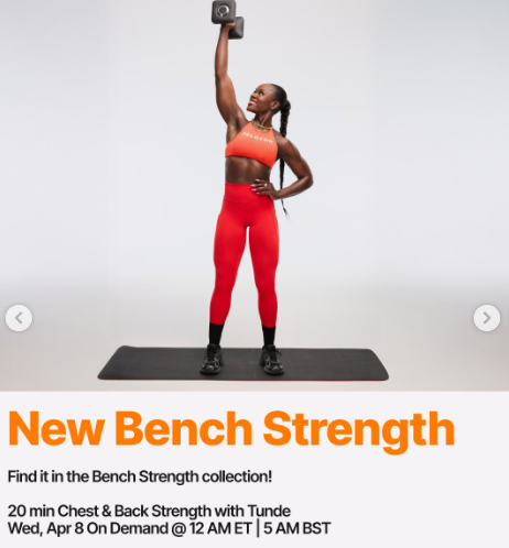 Tunde will have a Chest & Back Strength featuring a bench this week. Image credit Peloton social media.