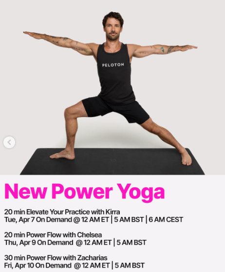 Peloton will drop three new Power Yoga Flows the week of April 6, 2026. Image credit Peloton social media.