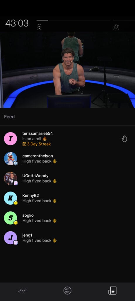 The new notifications tab surfaces high fives sent your way, high fives back, and member milestones during the class.