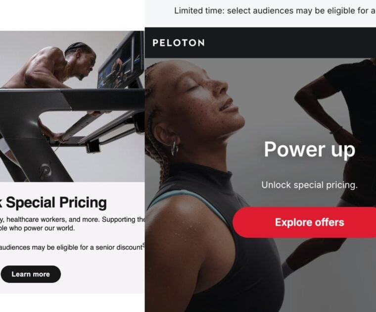 Peloton email (left) and website (right) promoting the senior discount.