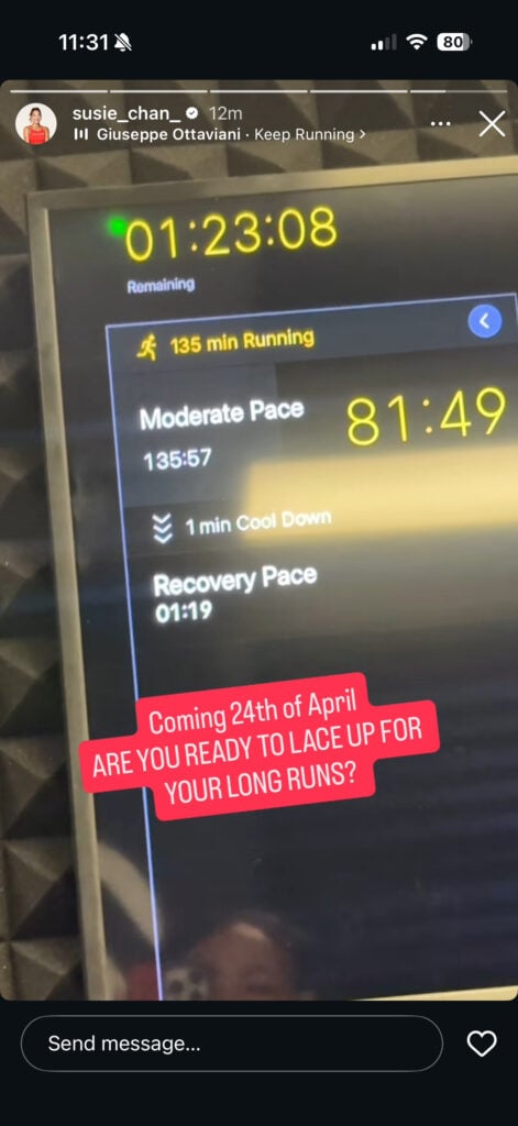 Susie Chan's Instagram Story showing her teaching a 135 minute run.