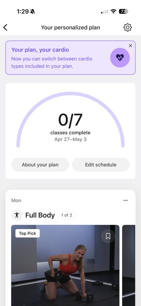 A new banner on the Personalized Plan home screen surfaces the cardio swap update.