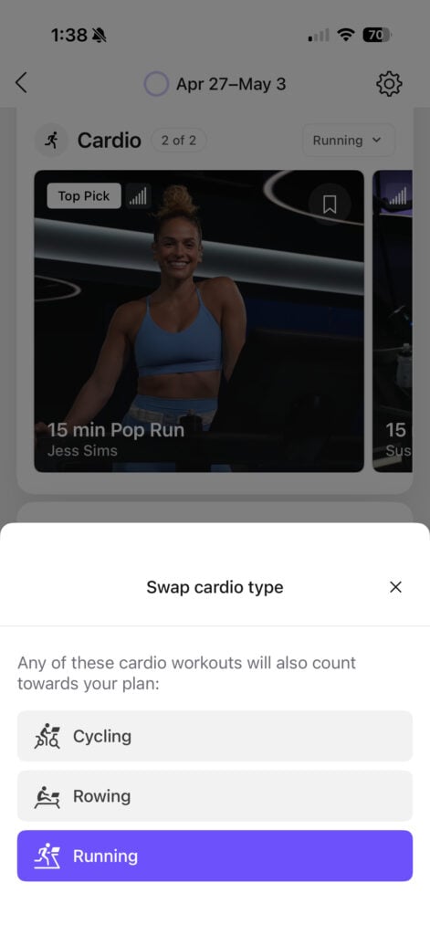 The new 'Swap cardio type' sheet lets you choose between different class types on any day with a cardio block.