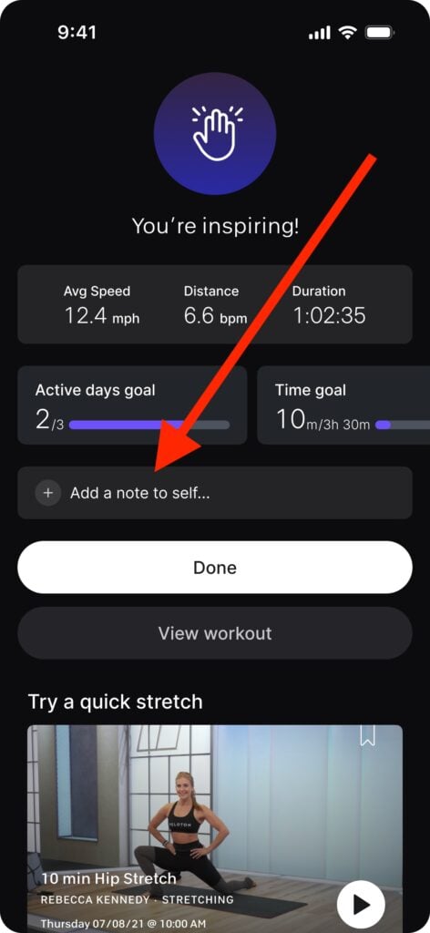 The new 'Add a note to self' option appears alongside Done and View Workout on the post-class summary screen. 