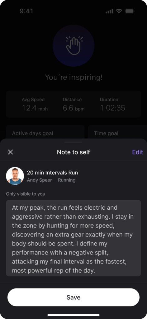 Tapping 'Add a note to self' opens an editing modal where members can capture up to 2,000 characters per note.