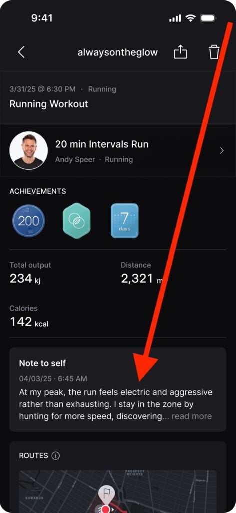 Notes are also surfaced on the individual workout summary view, alongside achievements, output, and other class metrics.