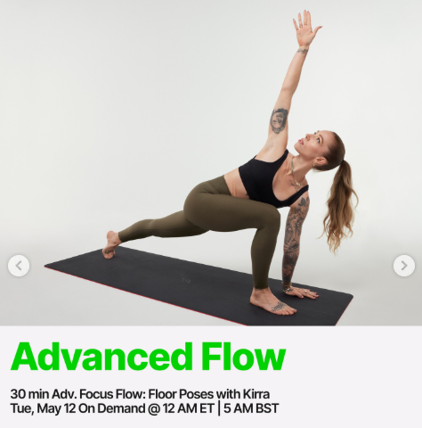 An advanced Floor Pose Yoga class with Kirra will be on demand this week. Image credit Peloton social media.