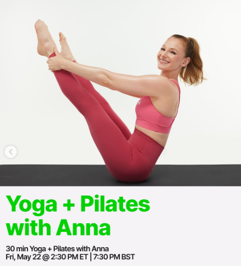 Anna has a live 30 minute Yoga + Pilates class this week. Image credit Peloton social media.