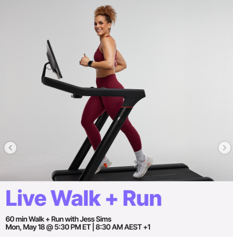 Jess Sims has a live 60 minute Walk + Run this week. Image credit Peloton social media.