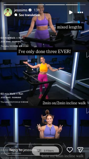 Jess Sims shared her three 60 minute Walk + Run classes on Instagram