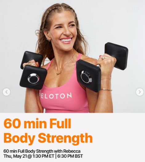 Rebecca has a live 60 minute Full Body Strength this week. Image credit Peloton social media.