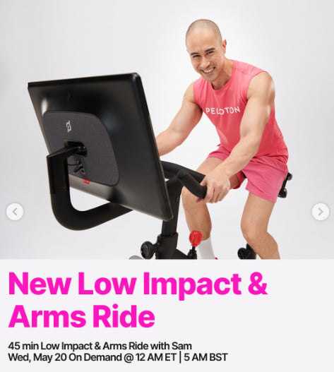 A new 45 minute Low Impact & Arms Ride with Sam will be on demand this week. Image credit Peloton social media.