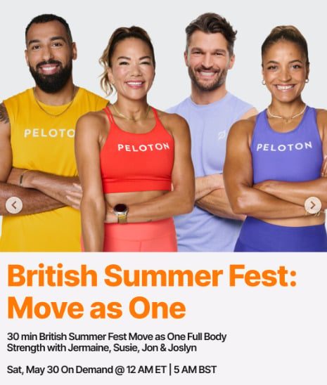 New British Summer Fest: Move as One classes will take place this week. Image credit Peloton social media.