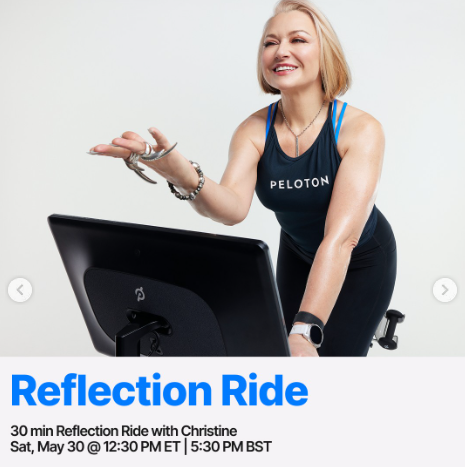 Christine will teach a live 30 minute Reflection Ride this week. Image credit Peloton social media.