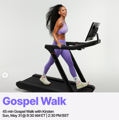 Kirsten will teach a live 45 minute Gospel Walk this week. Image credit Peloton social media.
