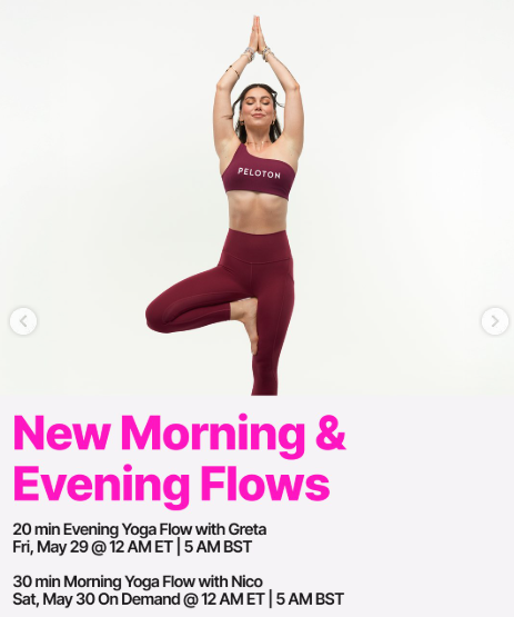 New Morning and Evening Yoga Flows will be on demand this week. Image credit Peloton social media.