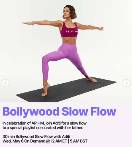 Aditi has a new Bollywood Slow Flow yoga drop on demand this week. Image credit Peloton social media.