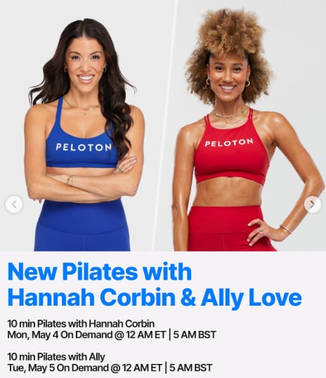 Hannah C. and Ally Love will have Pilates classes on demand this week. Image credit Peloton social media.