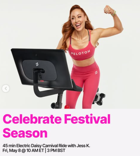 Jess King has a live Electric Daisy Carnival ride this week. Image credit Peloton social media.
