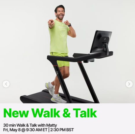 Matty has a live 30 minute Walk & Talk this week. Image credit Peloton social media.