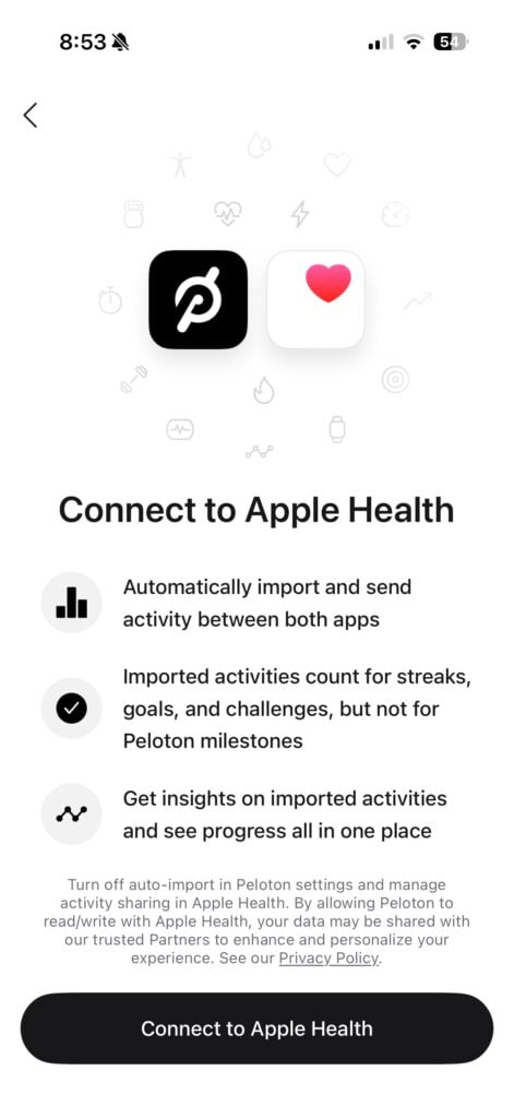 Apple Health setup screen in Peloton app now says imported workouts count for streaks.