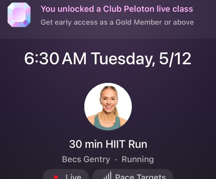 Becs Gentry Club Peloton live class on the class schedule in the Peloton app