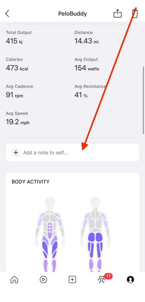 The new note to self input box on a completed workout in the Peloton app.