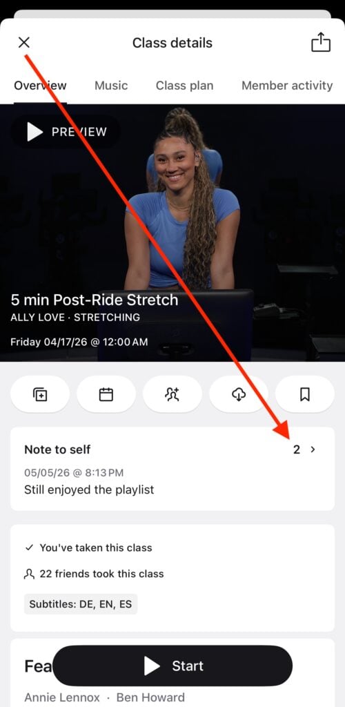 Two notes to self have been created on this same class in the Peloton app.
