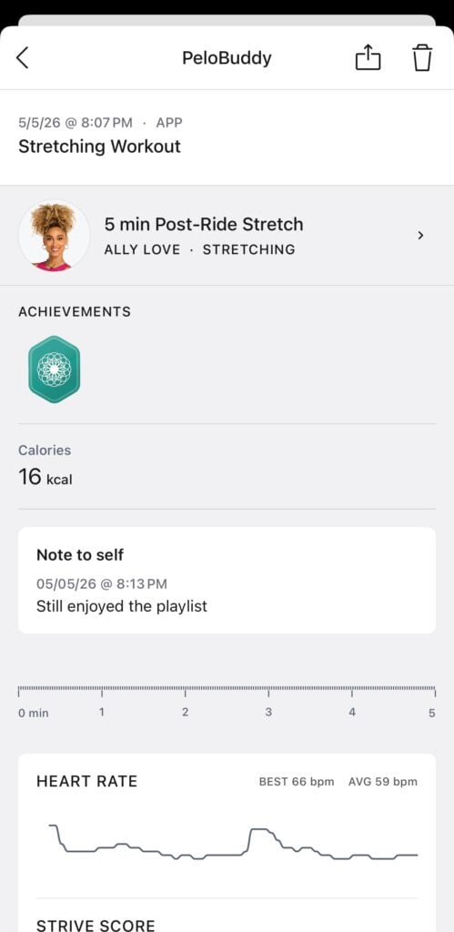 Pressing one of the note to self takes you to the workout detail page.