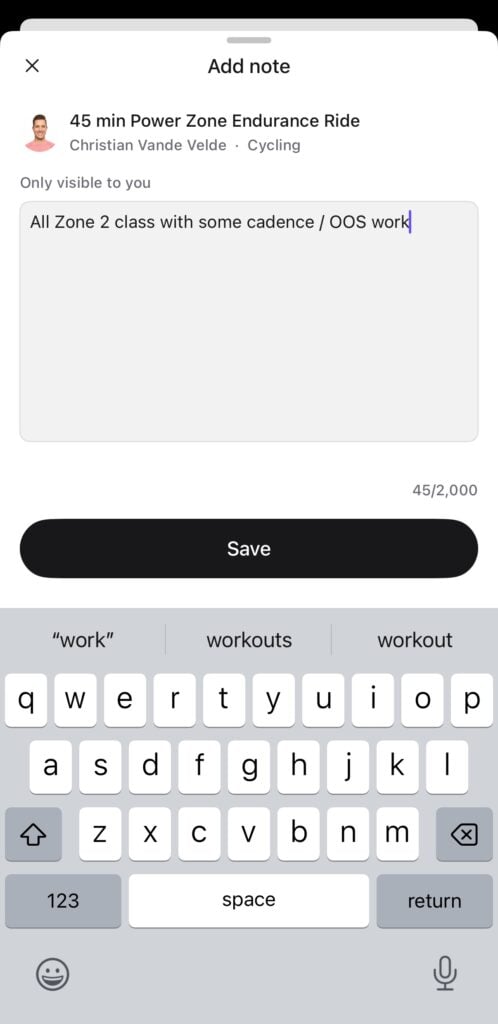 Adding a new note to self on a completed workout in the Peloton app.