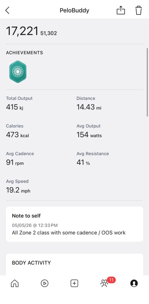 Workout detail page with a note to self added in the Peloton app.