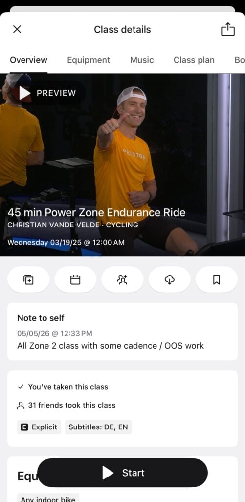 The note to self appears on the class details page in the Peloton app.