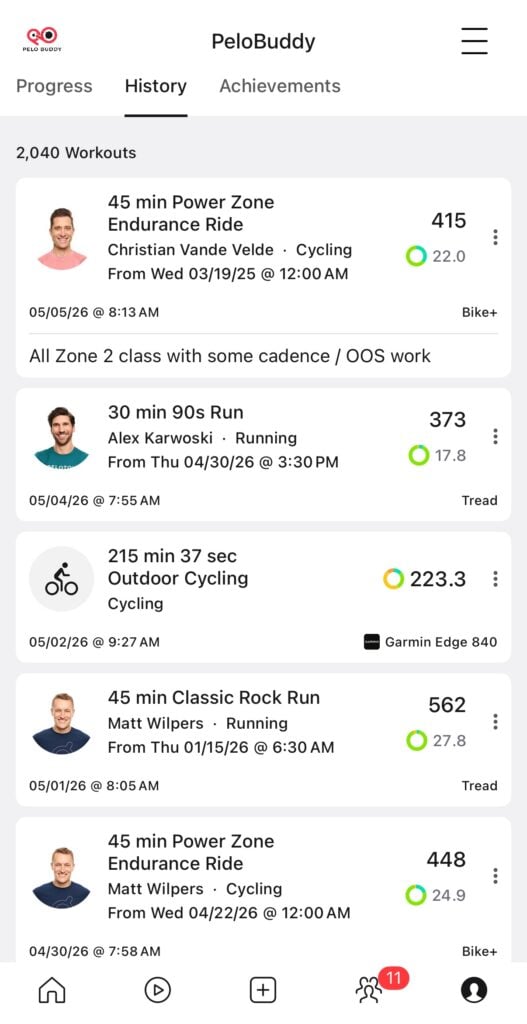 The note to self appears in your list of completed workouts.
