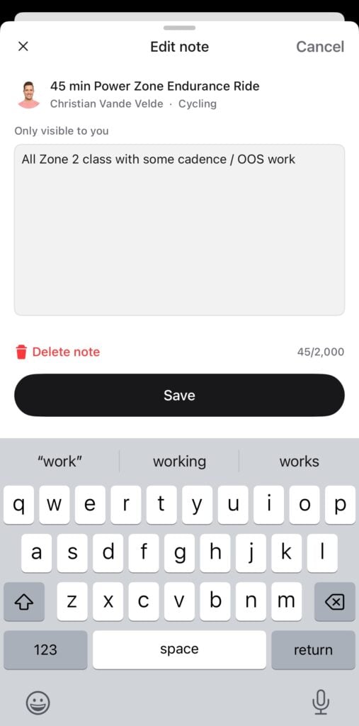 Editing the note to self from the workout history page of the Peloton app.