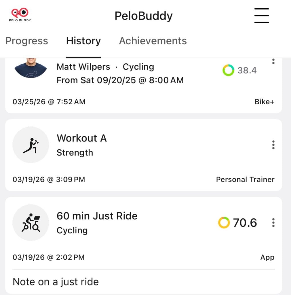A note to self left on a "Just Ride" workout.