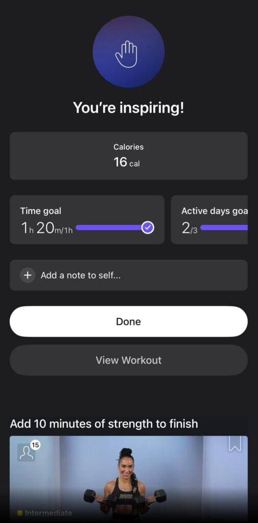 New section for note to self in the class summary page in the Peloton app