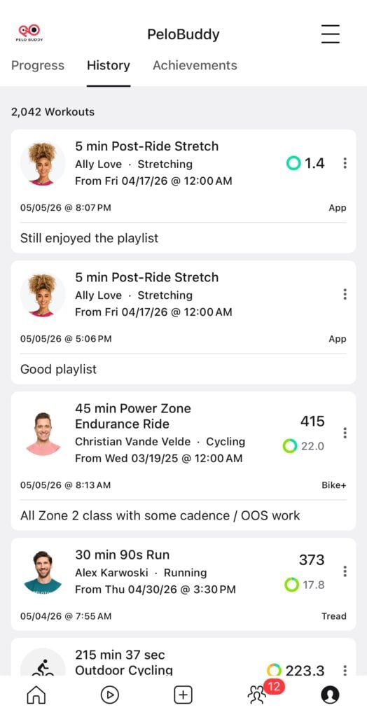 Leaving different note to self on the same class in the Peloton app.
