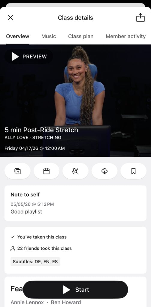 Note to self on a class detail page in the Peloton app.