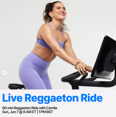 Camila has a live 60 minute Reggaeton Ride this week. Image credit Peloton social media.