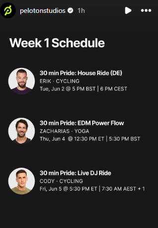 Peloton's week 1 class schedule for Pride Month 2026